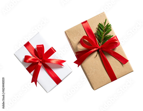 Two Wrapped Christmas Gifts with Ribbons, Top-Down Flat Lay, Neutral Background, Transparent PNG