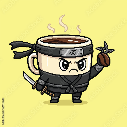 Anomali cartoon illustration of a cute but angry ninja coffee mug character holding a samurai sword and a coffee bean shuriken.