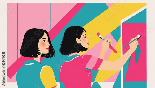 Two women painting a colorful mural together