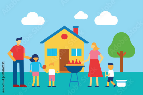 family barbecue party in backyard of house   (1).eps