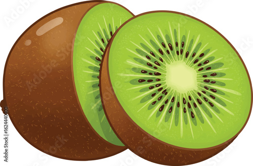 Fresh kiwi fruit vector illustration, whole and sliced in half, showing green pulp and black seeds for a healthy diet concept.