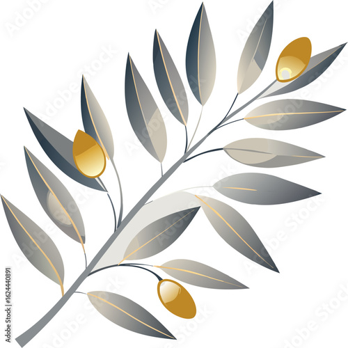 Monochrome silver olive branches with gentle gradient shading and subtle golden accent berries, spaced naturally across a clean minimal vector layout.