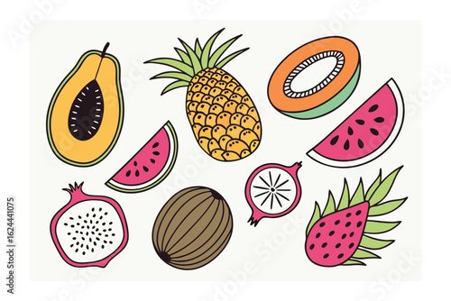 Exotic Fruits: A vibrant array of tropical fruits, each piece meticulously illustrated to showcase their unique textures and colors, inviting you to a world of flavors and freshness.