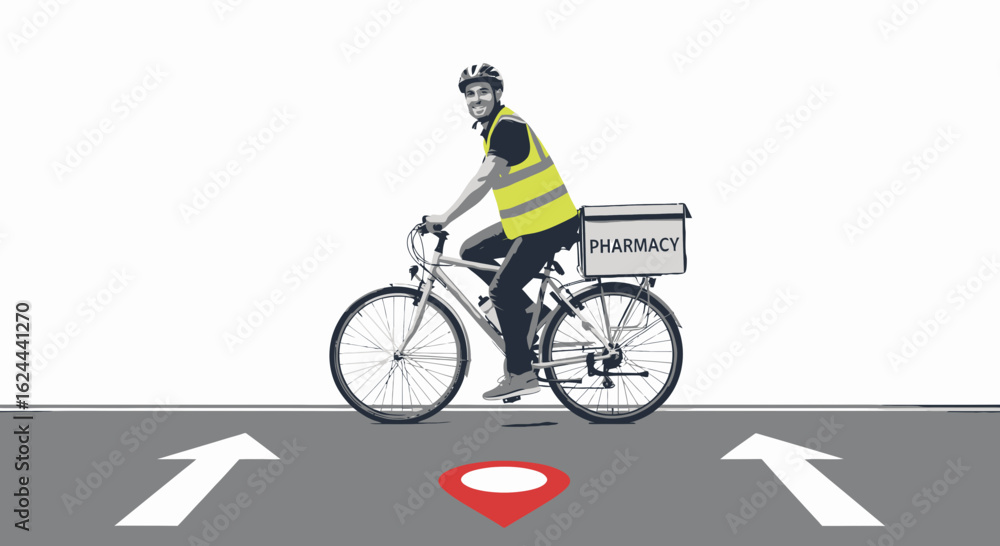 Obraz premium A delivery person on a bicycle, wearing a safety vest and helmet, delivers to a pharmacy.