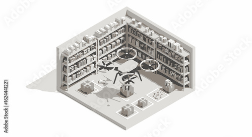 Isometric illustration of a drone delivering a package in a warehouse surrounded by shelves and various parcels.