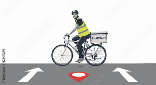 A delivery person on a bicycle, wearing a safety vest and helmet, delivers to a pharmacy.