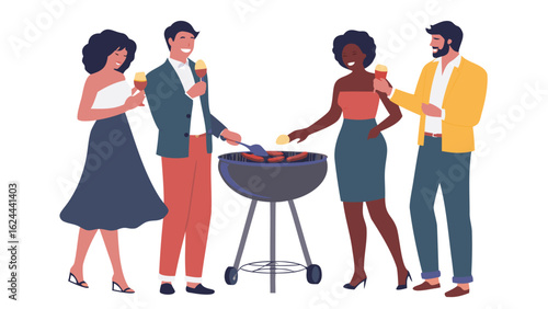 Illustration of four people at a barbecue with drinks and grilling sausages on the grill outside