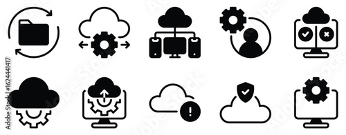 Cloud Algorithm Icon Set Solid Style Collection representing data processing cloud computing and automated systems suitable for tech platforms software development and IT infrastructure solutions