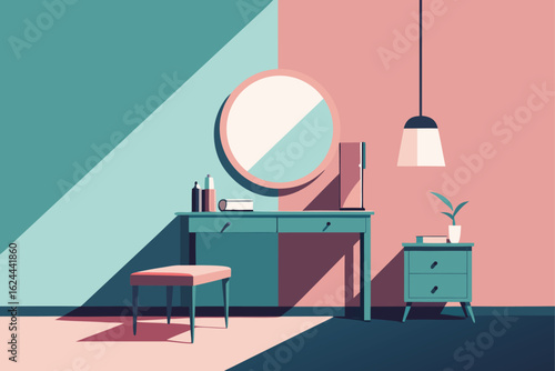 feminine pastel bedroom with vanity table  .eps