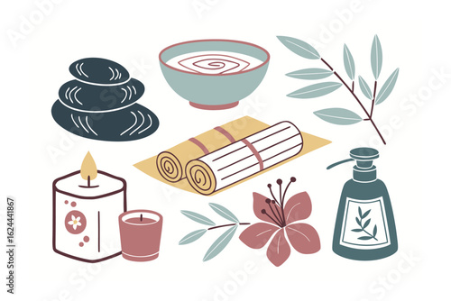 Spa Treatment Elements Illustration: A soothing illustration of spa elements, featuring zen stones, scented candles, aromatic oils, fluffy towels and a flower.