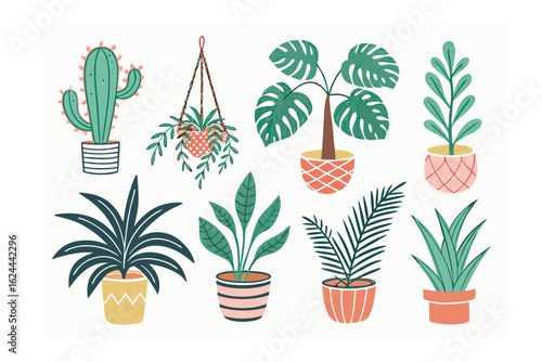 Botanical Arrangement: An illustration featuring a curated collection of diverse potted plants, each exuding its unique charm and vibrant greenery in a cheerful array.