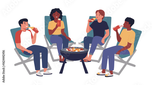 A group of friends enjoying a barbecue while sitting in chairs and drinking from red cups together outside