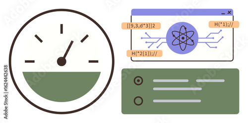 Speedometer gauge, code snippets, and atomic diagram in browser window represent analytics, coding, research, and technology. Ideal for science, innovation, education research data tech simple