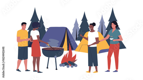 Group of friends camping with tents and a barbecue grill surrounded by forest trees at daytime