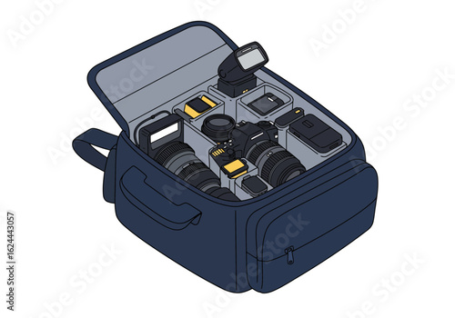 A camera bag open and filled with photography equipment including camera bodies lenses and accessories