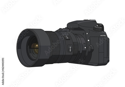 A digital camera predominantly in shades of grey and black with a large lens and various buttons