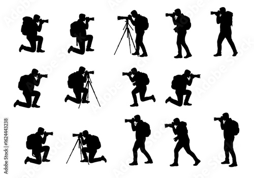 A series of silhouettes of people with cameras in various poses some using tripods