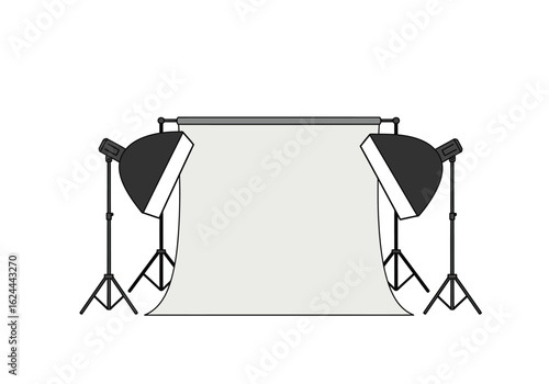 A studio setup with two lights and a gray backdrop used for photography or filming