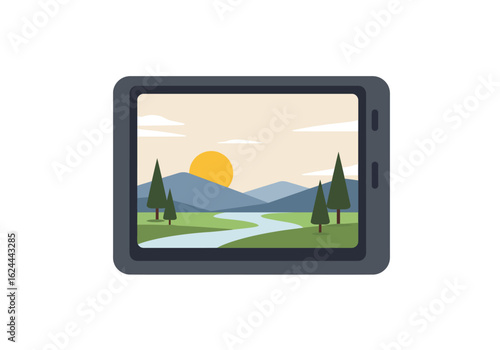 A tablet displays a landscape with a river trees mountains and a sun in a stylized flat vector illustration