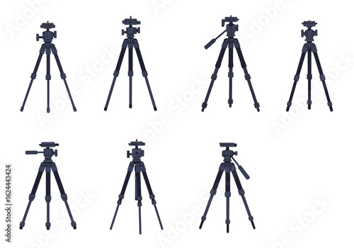 Array of seven dark tripods various adjustments arranged in two rows on a blank white background