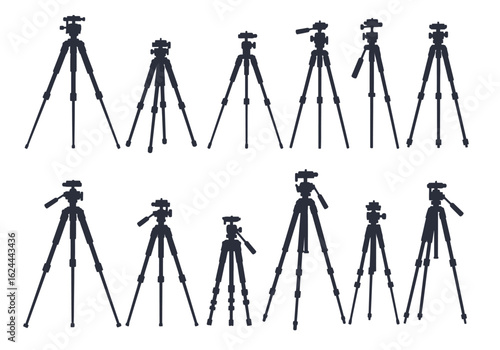 Array of silhouetted tripods arranged in two rows against a white backdrop showing various sizes and configurations