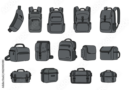 Array of stylized gray bags backpacks shoulder bags and smaller carrying cases neatly organized on a white backdrop