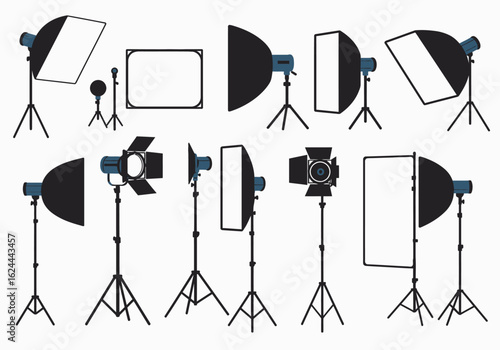 Array of photography lighting equipment various types on stands