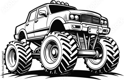 Black and white illustration of a powerful monster truck with oversized tires and lifted suspension