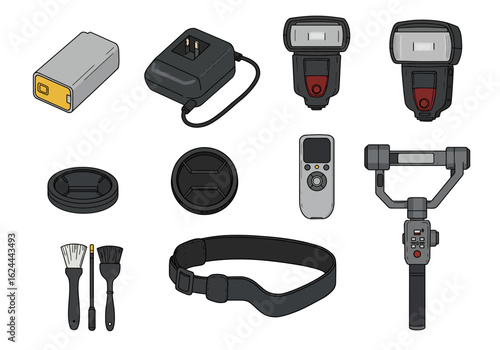 Camera equipment is arranged including flashes a battery charger remote lens caps brushes strap and a stabilizer