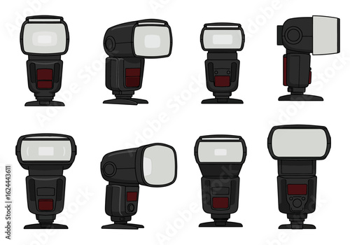 Eight camera flashes are arranged on a white background each depicted from a different angle