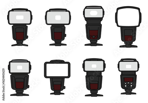 Eight electronic flash units are arranged in a symmetrical pattern