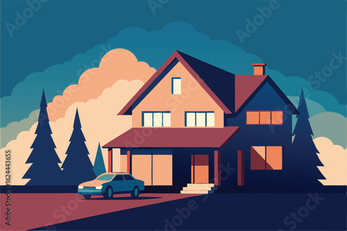 flat design of a two story house with car in drive.eps