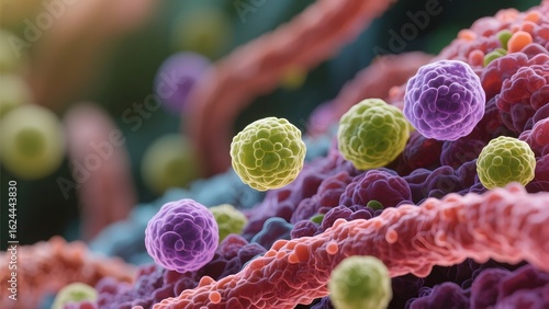 Microscopic View of Viral Particles and Cellular Structures