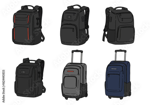 Image shows 4 backpacks and 2 suitcases all closed