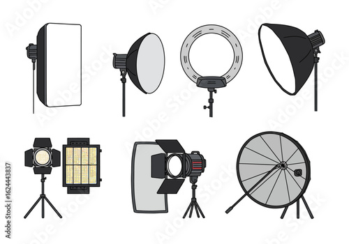 Line art of various studio lighting equipment on stands