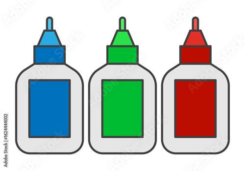 Botes de pegamento azul, verde y rojo