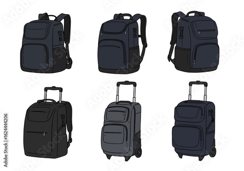 Six luggage pieces three backpacks and three roller bags on a white background