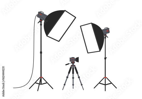 Studio setup camera on tripod flanked by two softbox light stands with electrical cords