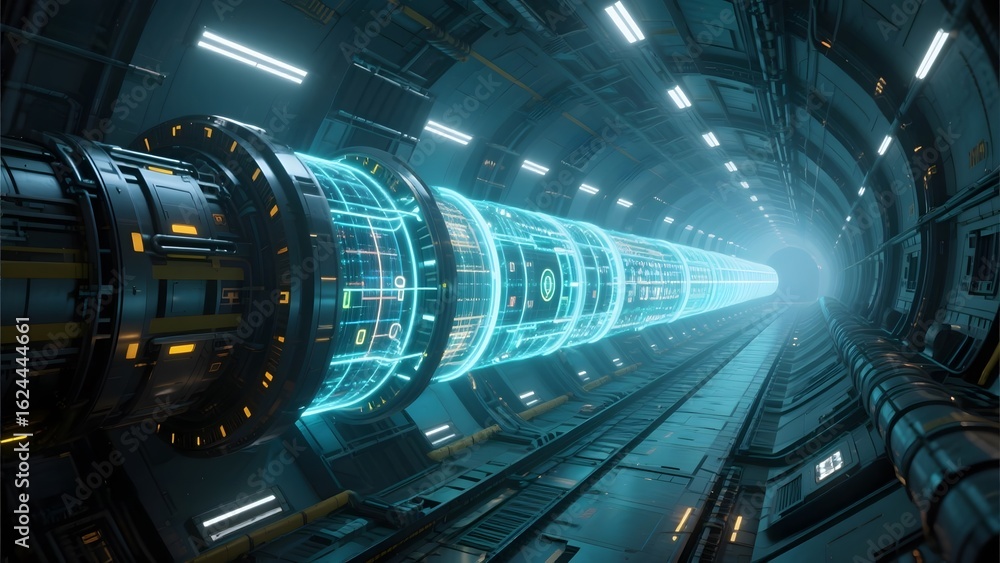 Fototapeta premium Futuristic Tunnel with Advanced Technology and Illuminated Panels