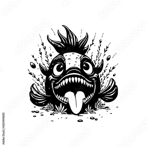 A captivating whimsical drawing of a cartoonish fish character with exaggerated features and playful details in black and white