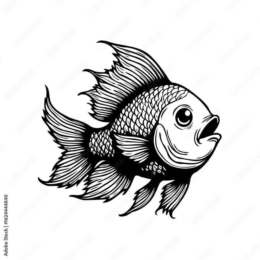 Fototapeta premium Detailed black and white illustration of a goldfish perfect for tattoo designs and creative projects