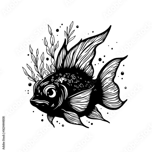 Monochrome goldfish illustration, a detailed black and white drawing of an aquatic animal in its habitat