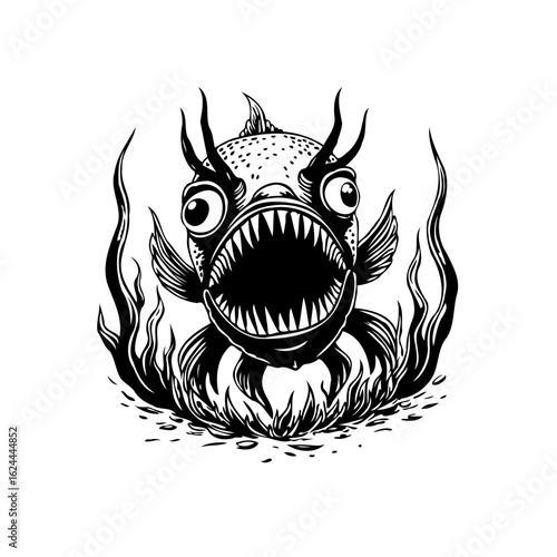 Intricate vector illustration featuring a menacing anglerfish with sharp teeth and spooky eyes, perfect for halloween