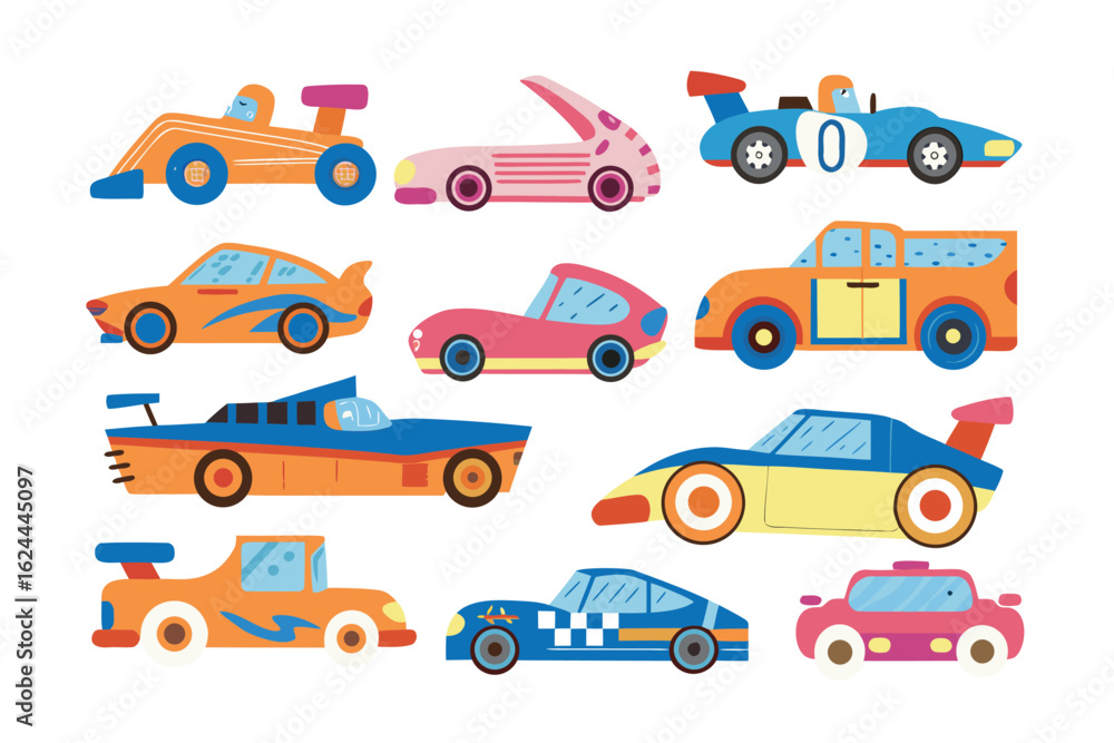 Fototapeta premium Car Array Illustration: A vibrant cartoon array of various cars, each with distinct design, illustrating themes of transport and automotive creativity