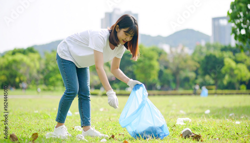 公園のゴミを拾う若い日本人女性　generative ai