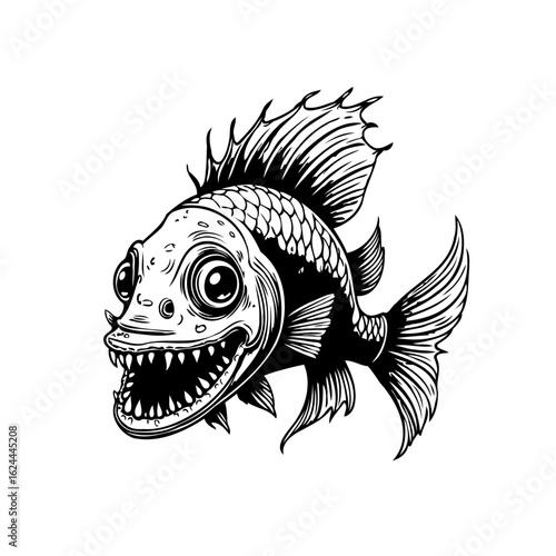 Cartoon fish with sharp teeth a creative drawing illustration artwork a quirky underwater creature with big eyes