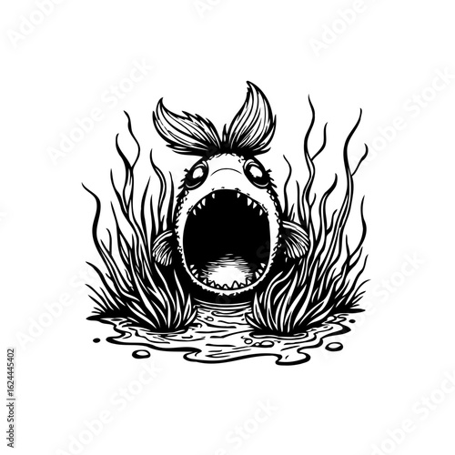 Cartoon fish with a large open mouth and plants around in black and white illustration