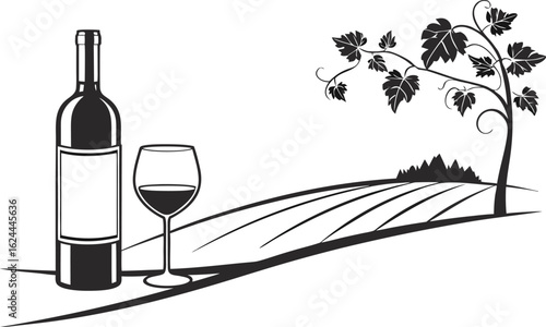 Black and white sketch of a wine bottle and glass with vineyard landscape and grape vine