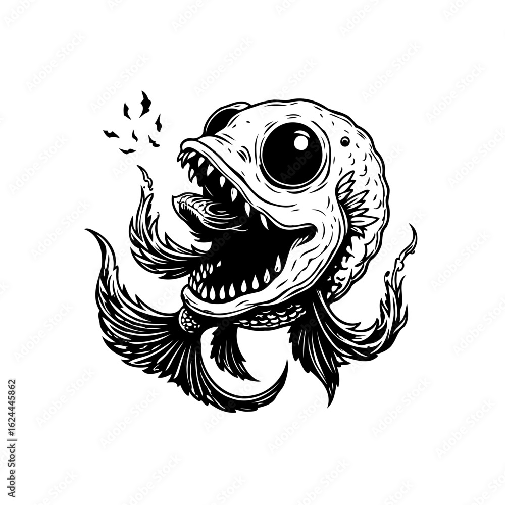 Obraz premium Intricate illustration of a stylized sea monster a blend of fish and octopus elements in monochrome