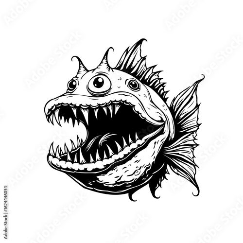 Intricate black and white illustration showcasing a bizarre fish with exaggerated features and sharp teeth illustration for fantasy